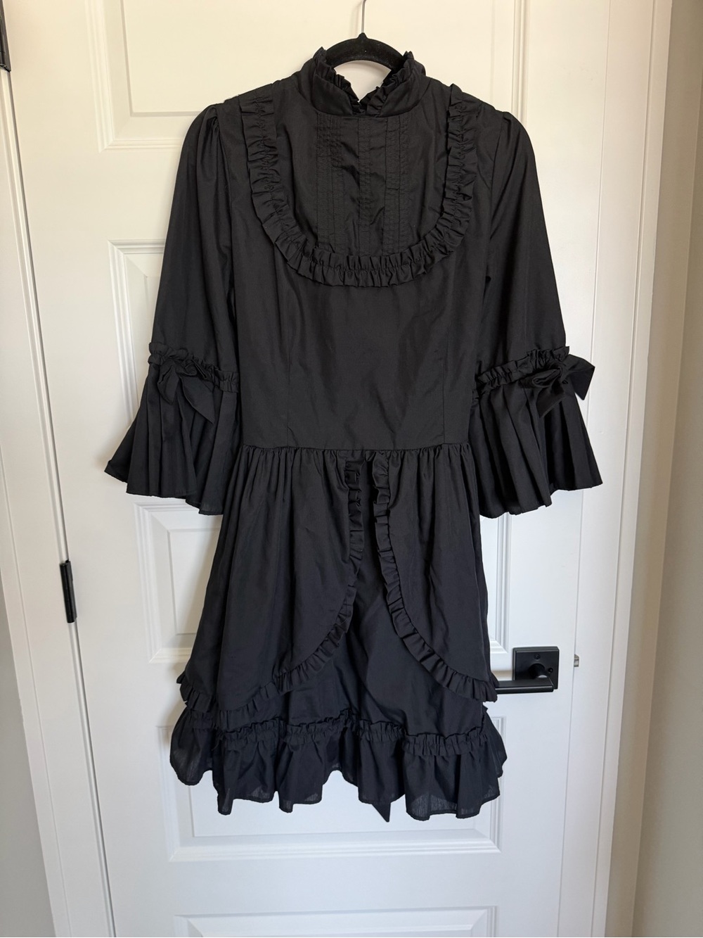 Women's Black Ruffled Midi Dress - Elegant High Neck RARE